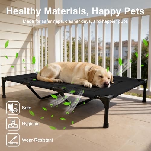 Dog Cooling Bed, Raised Pet Cot for Medium and Large Dogs, Cooling Breathable Mesh, Durable Sturdy Frame, Washable Cover, Portable and Easy to Assemble Indoor/Outdoor Pet Bed, Black, L - color: Black, size: Large
