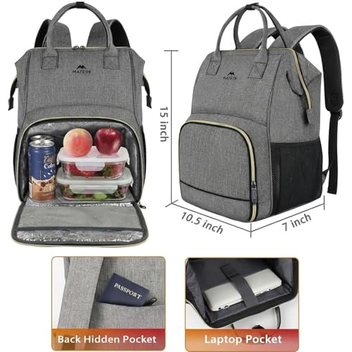MATEIN Lunch Backpack for Women, 15.6 Inch Laptop Backpack with Lunch Compartment, Lightweight Work Backpacks for Teacher Nurse, Insulated Cooler Lunchbox Food Bag Meal Prep Bag for Picnics College - color: Austere Grey, size: 15.6inch