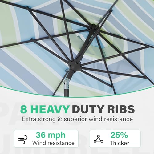 JEAREY 9 FT Patio Umbrella Outdoor, Table Umbrellas Market Umbrella w/Push Button Tilt/Crank, 8 Sturdy Ribs(Blue Green Striped) - color: Blue Green Striped