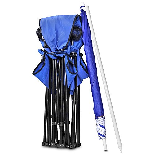 GoTEAM! Portable 2-Seat Folding Camp Chair with Cooler, Umbrella & Cup Holders – Outdoor Picnic, Beach, or Tailgate Seating – Carry Case Included - color: Blue