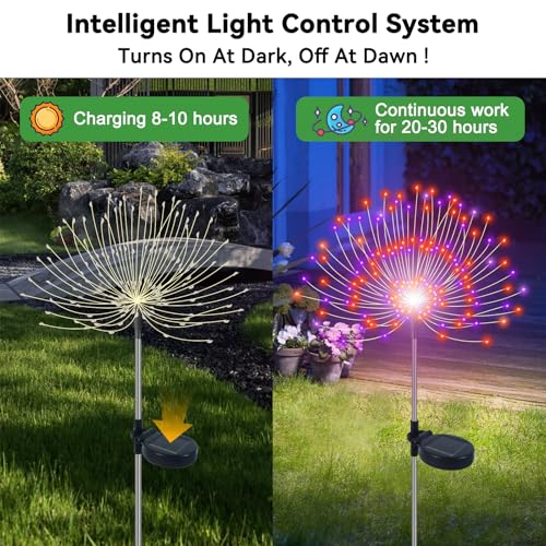 Slyuexu Solar Garden Lights Outdoor Waterproof, 2 Pack 120 LED Solar Firework Lights Decorative Garden Décor Outside for Flowerbed Pathway Party Halloween Christmas Decorations, Purple + Orange - color: Purple + Orange, size: 2 Pack