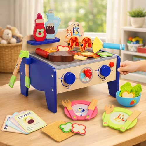 Bluey 8th Wonder Wooden Salad & BBQ Grill Toy Set, 33-Piece Play BBQ Food Set with Tongs, Food, and 6 Recipe Cards, Kitchen Toys for Kids Ages 3+ - style: BBQ Grill Set