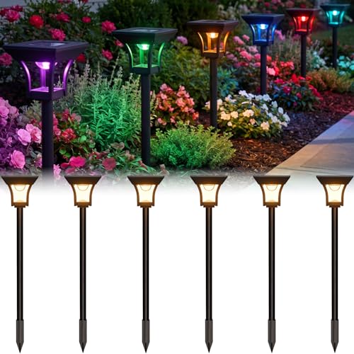 CINOTON 6 Pack RGBCW Solar Pathway Outdoor Lights, 3 Lighting Modes Solar LED Garden Light, IP65 Waterproof Outside Solar Powered Landscape Lighting for Patio Walkway Yard Driveway RGB/Warm/Cold White - color: Multicolor, size: 6 Pack
