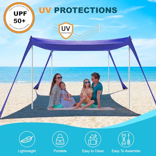 Beach Tent - 10 x 10 FT Beach Canopy, Portable Beach Tent Sun Shelter UPF50 with 4 Sandbags, Anti-Wind Ropes,Ground Pegs, and Stability Poles,Outdoor Beach Shade Canopy for Camping - style: 10*10 FT 4 Pole-Royal Blue