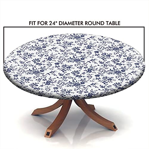 Blue Floral Fitted Tablecloth Round, Floral Pastoral Style Elastic Edge Table Cover, Polyester Table Pad Cloth for Indoor Fits Tables up to 24 in Diameter - color: Blue, size: 24" (Round)