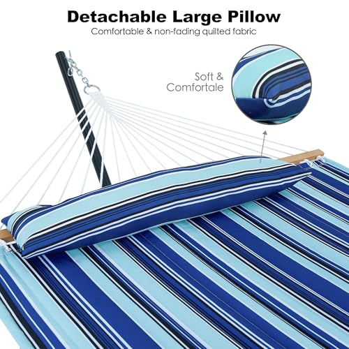 GAFETE 2 Person Hammock with Stand for Outside, Heavy Duty Steel Stand, Double 55inch Hammocks, Large Removable Pillow, Storage Bags, Max 475 lbs Capacity (Pacific Stripe Blue) - color: Pacific Stripe Blue