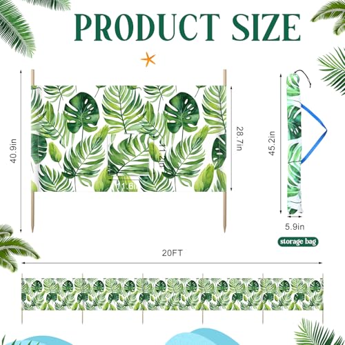 Cinnvoice 20ft Palm Beach Windscreen Set Long Privacy Screen with 6 Hardwood Poles Rubber Mallet and Carry Bag Portable Beach Fence Wind Blocker for Summer Outdoor Sand Wind Protection - style: Palm