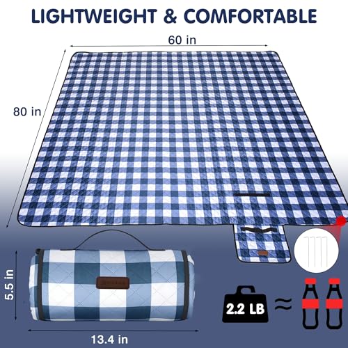 HX&OD Outdoor Picnic Blanket, Extra Large, 80''x60'' Waterproof Foldable Blankets Gingham Picnic Mat for Beach, Camping Grass Lawn Park Accessories Cute Couple Ideas Wedding (Blue, 80”x60”) - color: Blue, size: 5' x 6'8" (Square)