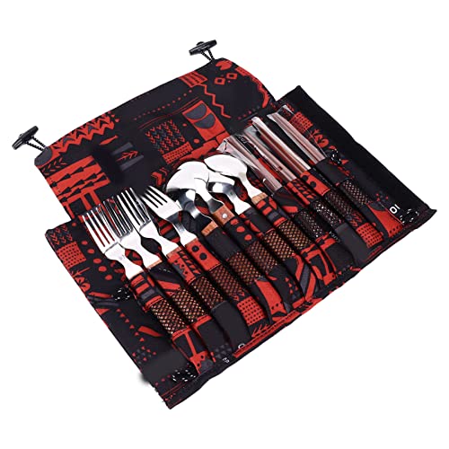 12 Pcs Stainless Steel Wooden Handle Tableware Set, Camping Cutlery for 4 Persons, Includes Forks Spoons Chopsticks with Carrying Bag for Picnic Barbecue Outdoor Use