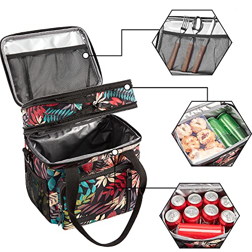 MOV COMPRA Leaf Printed Leakproof Expandable Large Double Deck Lunch Box Cooler Bag for Women Men, Beach Cooler Bag with Removable Shoulder Strap - color: NEW FLOWER