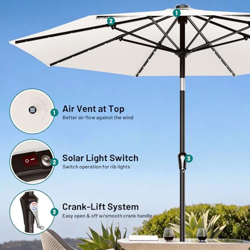 AreShark 9FT Patio Umbrella with Solar Lights, 32 Lighted Pool Umbrella w/Tilt and Crank, Outdoor Market Solar Umbrellas for Garden, Deck, Backyard, Pool and Beach, Cream-White - color: Cream-White, size: 9 Ft
