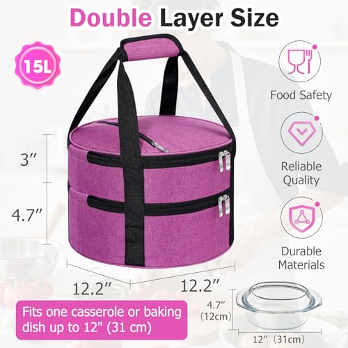 Round Double Insulated Casserole Carrier – 12" Portable Pie Carrier Bag for Hot or Cold Food, Leakproof Thermal Lunch Tote with Handle for Parties Picnic & Travel - Rose Red - color: Pink, size: Double
