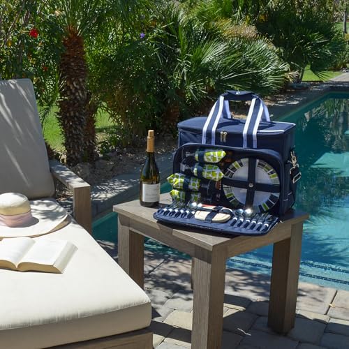 Picnic at Ascot- Original Insulated Picnic Cooler on Wheels with Service for 4- Designed & Assembled in The USA - color: Navy/Trellis Green