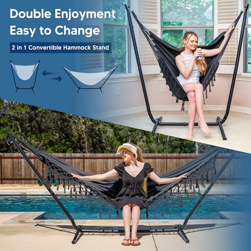 SUNCREAT 2-in-1 Hammocks Convertible Portable Double Hammock with Stand Included, Outdoor Hammock and Stand, Patented, Dark Grey with Tassel - color: A-dark Grey With Tassel