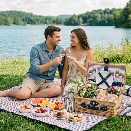 Wicker Picnic Basket for 2 with Waterproof Picnic Blanket and Insulated Bag Classic Red, White and Blue Stripes for Soccer Game, Camping, Travel, Birthday Gift, Wedding Gift - color: Red White and Blue Stripes
