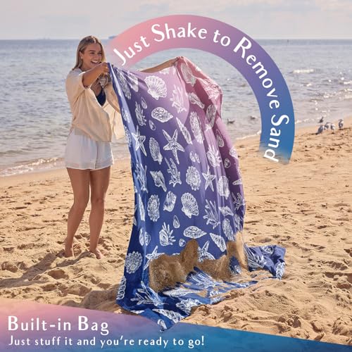 WEKAPO Beach Blanket Waterproof Sandproof Oversized, Extra Large Beach Mat Sand Free, Lightweight & Compact Sand Free Mat with 5 Stakes & 4 Corner Pockets - color: Gradient-deepblue Sea Shells, size: 8 x 7 FT (1～4 person)