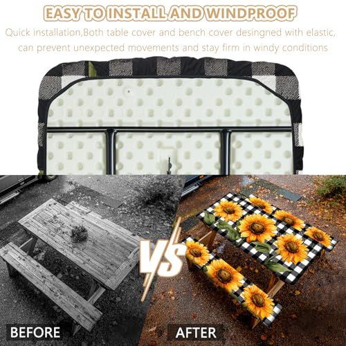 Picnic Table Cover with Bench Covers Elastic Edges, Outdoor Patio Camping Essentials 72 Inch 3PCS, Waterproof Camping Fitted Tablecloth with Handbags (Sunflower buffalo plaid) - color: Black checkered sunflowers