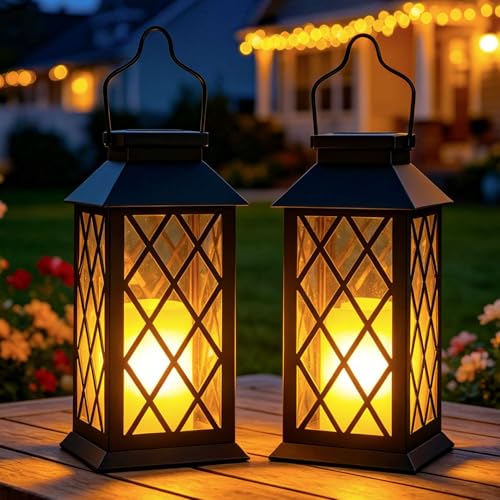 Solar Lanterns Outdoor Waterproof, Flickering Candles Hanging Solar Lights for Outside Garden Patio Wall Porch Decorative, Lamp with Upgraded Solar Panel, Tempered Glass & Clip, Black 2 Pack - style: Black*2, 4.2*4.2*8.7in