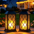 Solar Lanterns Outdoor Waterproof, Flickering Candles Hanging Solar Lights for Outside Garden Patio Wall Porch Decorative, Lamp with Upgraded Solar Panel, Tempered Glass & Clip, Black 2 Pack - style: Black*2, 4.2*4.2*8.7in