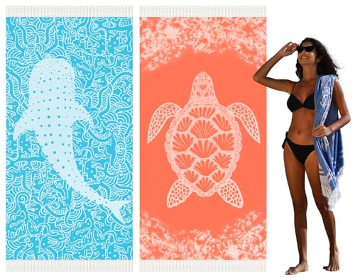 Widdonen 2 Pack Turkish Beach Towel Quick Dry Absorbent Cotton Lightweight Thin Bathroom Bath Pool Swim Towels Extra Large Oversized Sand Free Beach Accessories Essentials Stuff Cloud Adults Gift - color: 2 Pack Blue Whale Pink Turtle, size: X-large(79 X