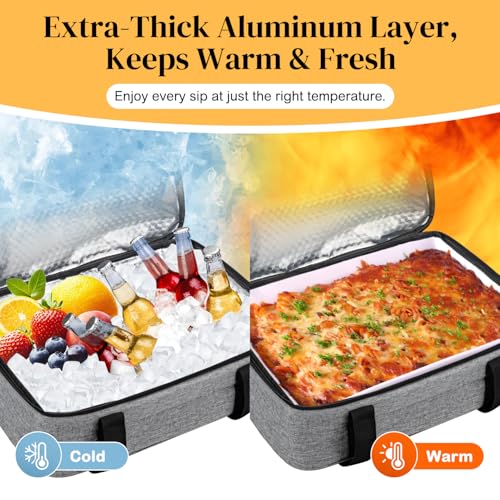Coobiiya Insulated Casserole Carrier,Lasagna Lugger Tote Keeps Food Hot or Cold,Thermal Lunch Bag Warmer & Cooler Carrier Bag,Portable Tote Bag Fits 9" x 13" Baking Dish for Picnic and Cookouts- Grey - color: Gray, size: Single Layer: 15.75 × 11.8 × 4.7 i