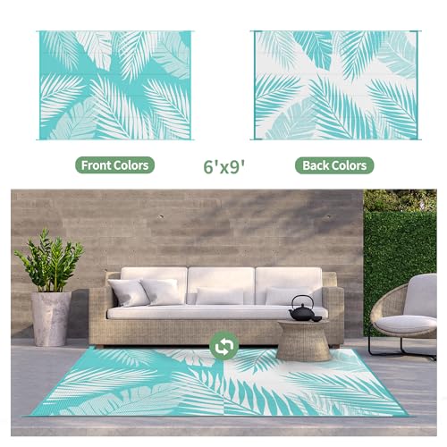 GENIMO Outdoor Rug 6' x 9' Waterproof for Patios Clearance, Reversible Outdoor Plastic Straw Camping Rug Carpet, Large Area Rugs Mats for RV, Camper, Deck, Balcony, Porch, Beach, Aqua Blue&White - color: Aqua Blue & White | Waterproof, size: 6' x 9' (Rect