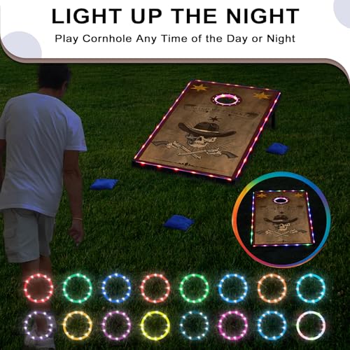 LED Cornhole Board Set, 4'x2'/3'x2' Regulation Size Cornhole Boards Games Set, Corn Holes Outdoor Game, Corn Hole Game Set w/ 2 Boards, 8 Beans Bags for Backyard, Beach, Lawn (3'×2' Wild West)