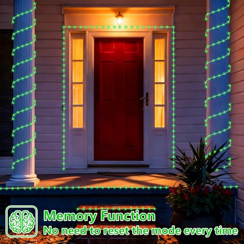 YEGUO Solar Rope Lights Outdoor Waterproof, 66ft 200 LED Green String Lights, 8 Modes Fairy Lights in Clear Thin Tube - color: Green