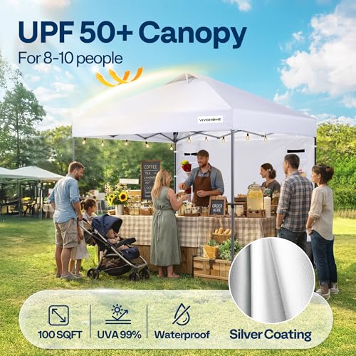 VIVOHOME 10x10ft Pop Up Canopy Tent with Sidewall and 6 Pockets, One Push Setup Outdoor Portable Shelter Tent Heavy Duty with Wheel Carry Bag and 4 Sandbags, White - color: White