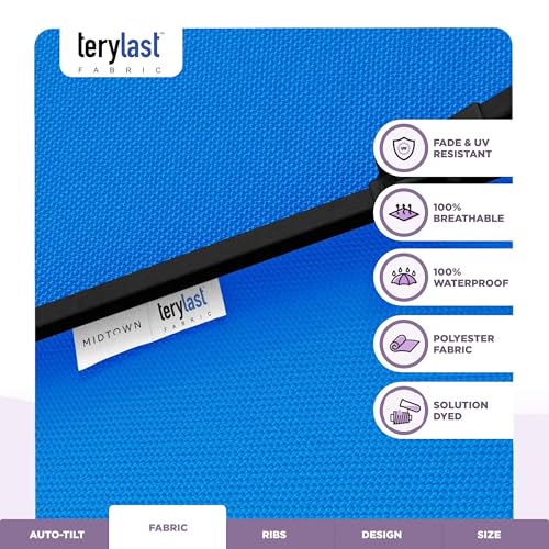 Midtown Umbrellas - 10-Year-No-Fade 9 Ft Patio Umbrella with Terylast Fabric, Auto-Tilt Aluminum Frame and 8 Reinforced Ribs for Deck, Pool, Garden & Beach - Cobalt Blue Canopy, Black Pole - color: Terylast Fabric - Cobalt, size: 9 Foot