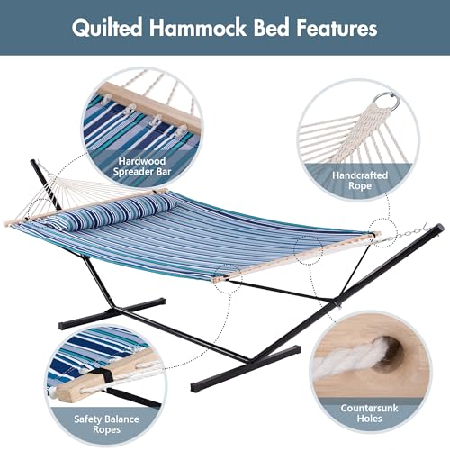 ANOW Double Hammock with Stand 12FT, Heavy Duty Hammock with Stand for Outdoors, 450 LBS Weight Capacity, Blue Stripes - color: Blue Stripes, size: 2 Person With Stand