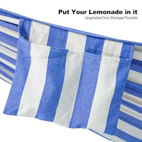GAFETE Double Hammock with Stand for Outside, Upgraded Spreader Bar, Heavy Duty Space Saving Steel Stand 2 Person, Convenient Pockets, 600lbs Weight Capacity, Indoor & Outdoor (Blue & White) - color: Blue & White