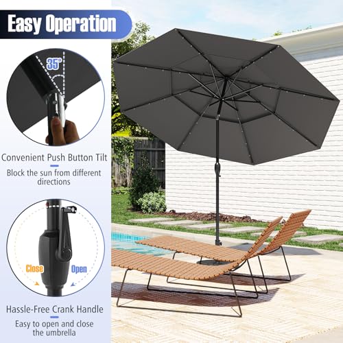 Tangkula 10 FT Solar LED Patio Umbrella, 3-Tier Vented Outdoor Market Table Umbrella with 32 LED Lights, Tilt Adjustment, Crank Handle, 8 Ribs for Backyard Pool Deck (Gray) - color: Gray