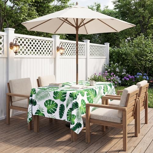 Poise3EHome Outdoor Tablecloth Rectangle with Umbrella Hole Waterproof Tropical Green Tablecloth for Spring Picnic Party Camping Patio Table, Palm Leaf (60X104 Zipper) - color: Palm Leaf, size: 104" x 60" (Rectangular)