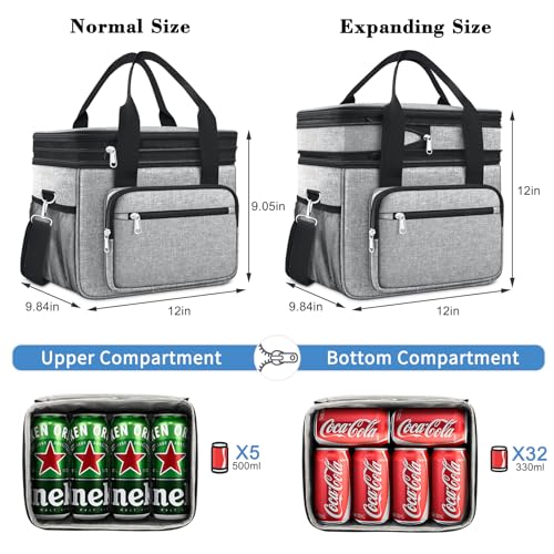 Coobiiya Insulated Lunch Box for Men & Women, Leakproof Lunch Bag Cooler Bag with 4 Pockets,Heavy Duty Lunch Bags Men Cooler Bags for Camping, Travel, Work Kayaking & Beach - color: Gray, size: X Large – 23L (Double-Layer)