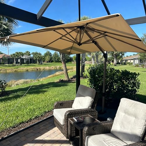 PURPLE LEAF 8’ X 8‘ Patio Umbrella Outdoor Cantilever Umbrella, Aluminum Offset Umbrella with Champagne Frame and 360° Rotation for Pool Deck Garden, Beige - color: Beige, size: 8' x 8'