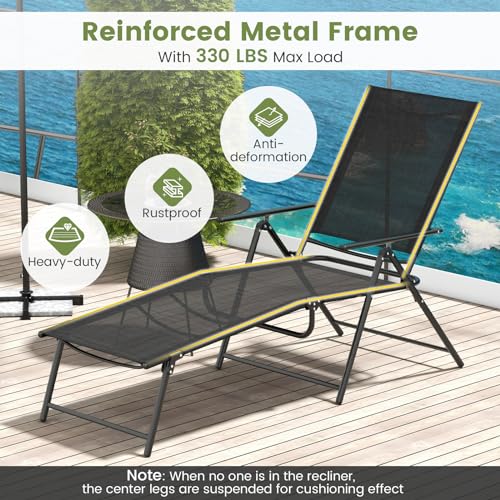 Giantex Lounge Chair Outdoor Set of 2 - Tanning Chair with 6 Adjustable Backrest, 2-Level Footrest, Folding Sunbathing Lounger for Patio, Poolside, Yard, Chaise Lounge Chair, Beach Chair (Black) - color: Black