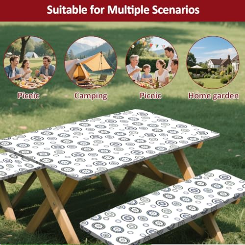 6ft Picnic Table and Bench Cover, Camping Essentials RV Gear, 72 in Waterproof Windproof Outdoor Elastic All Around Tablecloth, Fitted Rectangle Tables and Seats, Blue Flywheel - color: Blue Flywheel, size: 72"