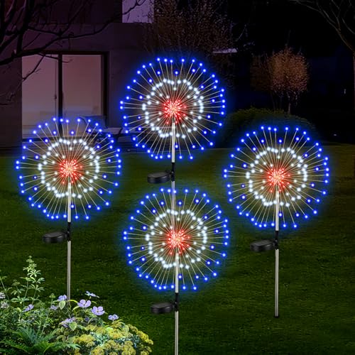 Lewondr 4th of July Firework Solar Garden Lights, Red Blue White Solar Firework Lights with 120 LED 2 Lighting Modes, Outdoor Waterproof Yard Lighting for Independence Day Memorial Day Decor, 4 Pack - size: 4 Pack, style: Firework
