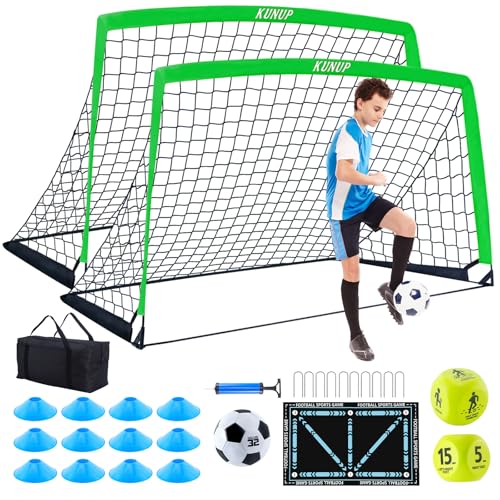 2 Set Kids Soccer Goals for Backyard with Training Equipment, Portable Foldable Practice Nets with Ball, Dice & Mat, Cones, Air Pump and Carry Bag for Toddler Youth Outdoor Sports Game - color: Green, style: 6x4FT