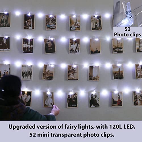 HXWEIYE 120LEDs White Photo Clips String Light, 40Ft Fairy Light with 52 Clear Clips & 12 Hooks on Wall, Timer & 8 Modes USB Powered Copper Wire String Light for hanging picture, Bedroom Wedding Party - color: White, size: 8 Mode USB Powered-120LEDs