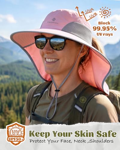 Camptrace Sun Hats for Women Men UPF 50+ UV Protection Wide Brim Hiking Fishing Hat with Neck Flap - color: 04-pink