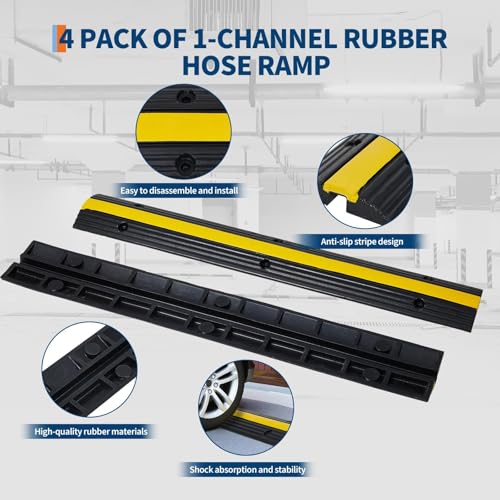 4 Pack 1 Channel Cable Protector Ramp, 11 Tons (22,046 Lbs) Load Capacity Heavy Duty Rubber Cord Cover, Protective Wire Ramp Speed Bump for Driveway, Parking Lot, Sidewalk, Warehouse - size: 102×15.5×3cm-4 Large Channel