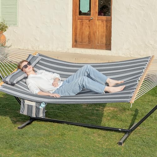 GAFETE 2 Person Hammock with Stand for Outside, Heavy Duty Steel Stand, Double 55inch Hammocks, Large Removable Pillow, Storage Bags, Max 475 lbs Capacity (Mountain Mist Gray) - color: Mountain Mist Gray