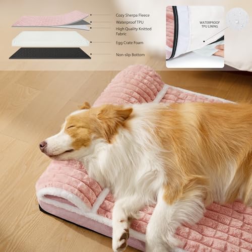 Orthopedic Dog Bed Medium Size Dog with Pillow 30''X20'', Waterproof Soft Comfortable Egg Crate Foam Pet Crate Beds Mat with Removable Washable Cover and Non-Slip Bottom, Pink - color: Pink, size: 30"l X 20"w X 3.5"th