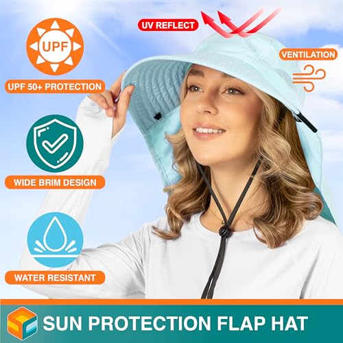 SUN CUBE Wide Brim Sun Hat with Neck Flap, UPF50+ Hiking Safari Fishing Hat for Men Women, Sun Protection Beach Hat - color: Light Blue
