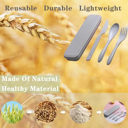 Reusable Travel Utensils with Case, Wheat Straw Portable Plastic Fork Spoons Knife Tableware, Eco-Friendly BPA Free Camping Cutlery for Lunch Box Accessories Work Picnic or Daily Use (Gray) - color: Gray
