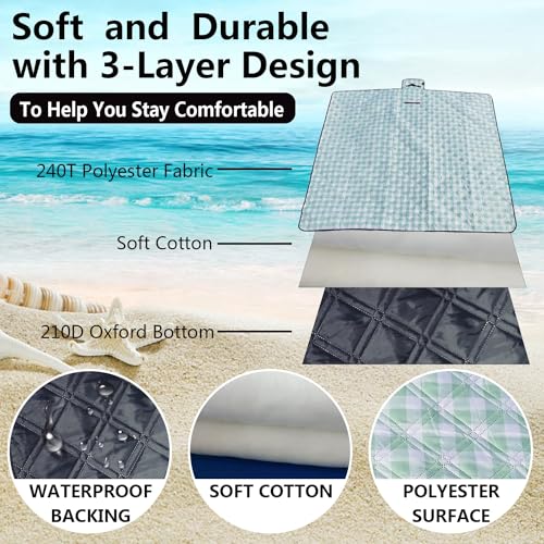 Picnic Blankets Machine Washable, 79''x79'' Extra Large Waterproof Foldable Compact Beach Blankets, Oversized XL Outdoor Mat for Spring Summer Camping, Park, Travel - color: Green and White