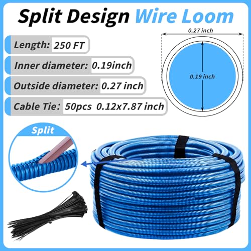 250FT Blue Split Wire Loom Tubing, 1/4 Inch Wire Protector Tubing, Automotive Wire Flexible Conduit Cord Covers with 50 Cable Ties for Automotive Marine Agriculture Electrical Cable Protection - color: Blue, size: 1/4in x 250ft