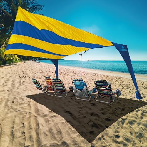 Shark FIN Shade Beach Tent Wind Sun Canopy Portable Easy Set Up UPF 50+ No Assembly Required 3-30 MPH - 1 to 8 People - Tie Downs Included - 2 Sizes Large 9' X 10' & Giant 13.5' X 10' PATENTS Pending - color: XL Blue and Yellow